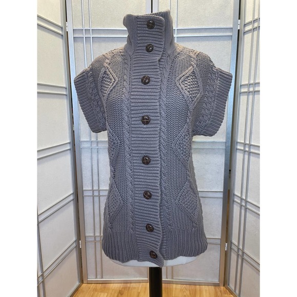 *Banana Republic Cable Knit Mock turtle Button Down Camel Sweater size Small - Picture 1 of 5